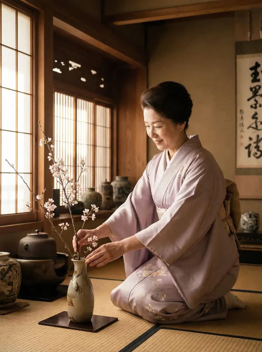 一位优雅的 球友会平台 在和室中插花