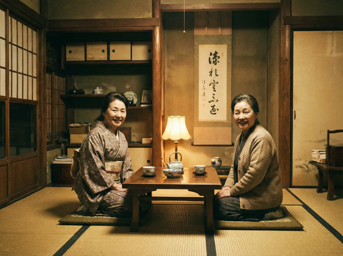 两位优雅的 球友会平台 在日式茶室中品茶交谈